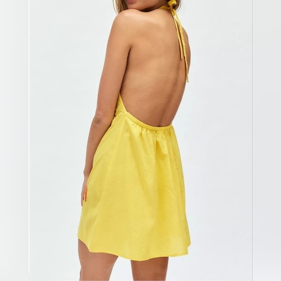 Kimchi Blue Ava Embroidered Halter Mini Dress Swim Coverup, Yellow Orange Palm S - Picture 3 of 15